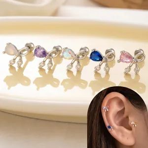 Titanium Steel Bowknot Zirconia Stud Earrings Pear Cut Stone Double Screw Bone Nail Fashion Piercing Jewelry For Women