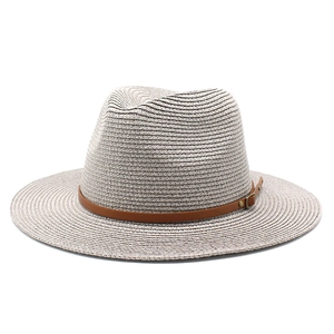 Neutral Panama fedora hat in woven beige straw with flat brim and brown leather strap