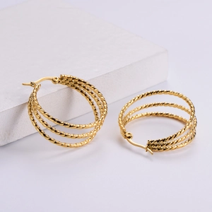 Chic triple layered gold twisted rope hoop earrings made of polished stainless steel