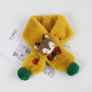 Détail de l'écharpe en peluche jaune renne avec cloches de Noël et pompons pour enfants