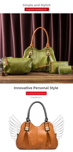 Detail of four-piece vintage PU leather handbag set with lychee texture and metal hardware