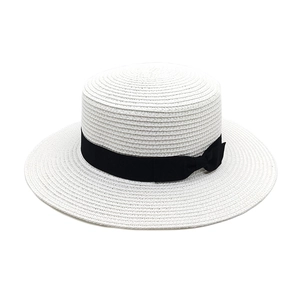 Classic white woven boater hat with black grosgrain ribbon and flat top brim