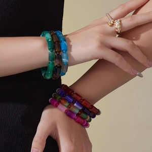 Elastic natural agate bead bracelets with colorful striped barrel stones for women
