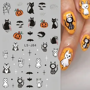 Detailed Halloween nail stickers featuring cartoon pumpkin, bat, and ghost motifs