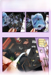 Macro detail of 3D miniature furniture stickers with thick white ink on PET material