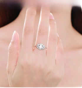 Close-up of S925 silver ring featuring an oval zircon center stone on a model finger