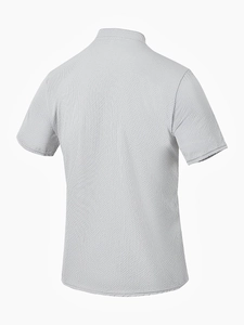 Detail of light grey short-sleeve polo shirt with seersucker honeycomb texture on the back