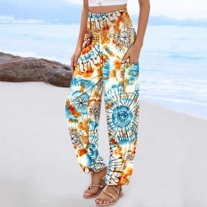 Women's bohemian high-waisted mandala print harem pants for beach or yoga wear