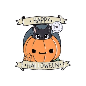 Cute black cat and orange pumpkin enamel pin with Happy Halloween decorative text