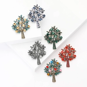 Elegant Alloy Tree Of Life Brooch Pin For Women Vintage Colorful Rhinestone Inlaid Botanical Jewelry Ornament For Suit Cardigan