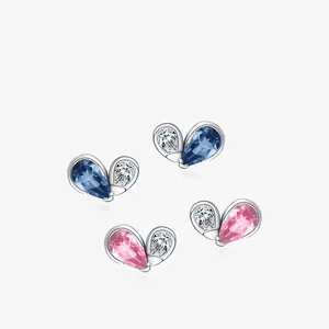 925 Sterling Silver Heart Stud Earrings For Women With Pear Cut Blue Pink Zircon Minimalist Butterfly Wing Elegant Jewelry