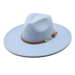 Light blue wide brim wool fedora with brown leather band and golden metal buckle