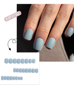 Detail of matte light blue short press on nails #JP3192 with set size specifications