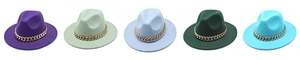 Detail view of colorful wool fedora hats featuring chunky gold chain decorative bands