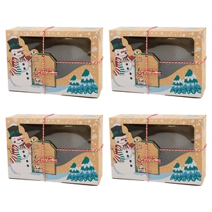 Kraft paper Christmas cookie box with window featuring snowman and snowflake patterns
