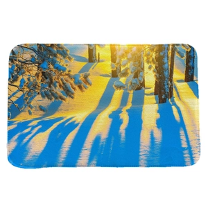 Winter snowy forest flannel floor mat with realistic trees and blue shadows