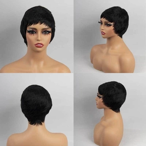 Short black pixie cut human hair wig shown from front side and back views on grey background