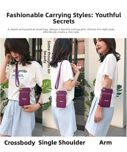 Three-way carry demonstration of a purple nylon mini crossbody bag and phone pouch