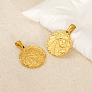 Golden titanium steel zodiac necklaces featuring Cancer and Leo relief sunburst pendants