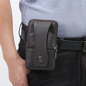 Men's dark gray genuine leather vertical waist bag with belt loop and snap button closure
