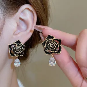 18k gold plated black rose earrings with zircon waterdrop pendant in vintage court style