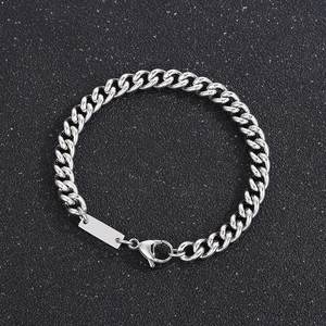Silver stainless steel Cuban link bracelet for men with a blank engravable ID tag
