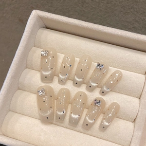 Handmade Luxury Press On Nails Butterfly Rhinestone Bow Coffin Fake Nails Women Shimmering Cat Eye Glitter Sweet Elegant
