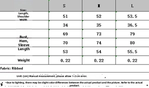 Size chart for women's American style casual ribbed T-shirt with measurement details in cm