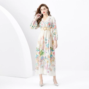 Elegant floral V-neck maxi dress with lantern sleeves and woven belt on white background