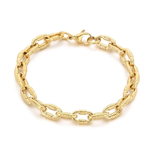 Golden hip hop stainless steel O-chain bracelet with textured rings and lobster clasp