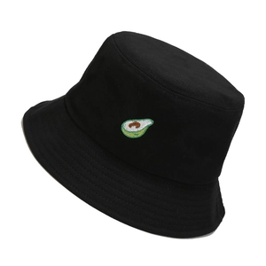 Unisex black cotton bucket hat featuring a detailed embroidered avocado pattern on the front