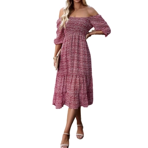 Elegant red floral off-shoulder midi dress with smocked bodice and tiered skirt