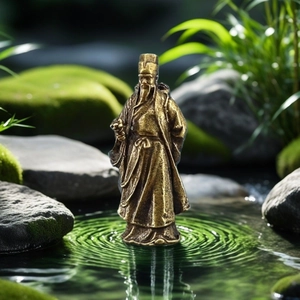 Traditionelle Li Shizhen Messingfigur auf Moossteinen am Wasser, Vintage-Deko