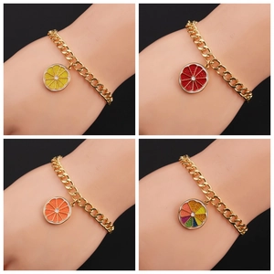 Fruit Slice Enamel Pendant Bracelet Gold Plated Copper Thick Link Chain Colorful Jewelry For Girls Kids Women