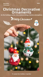 Close-up of Santa Claus and snowman metal bell ornaments with festive hanging ropes