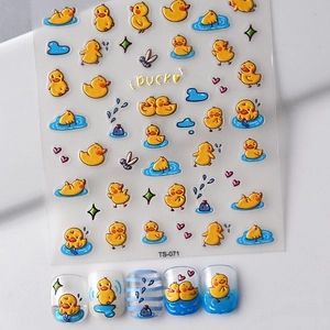3D niedliche gelbe Enten-Nagelaufkleber mit Wasserwellen und geprägten Comic-Mustern