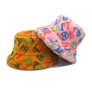 Winter plush bucket hat with colorful letter prints in pink and orange shades