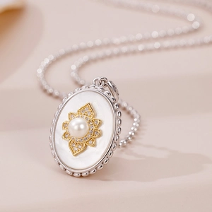French style 925 sterling silver necklace with oval mother of pearl and pearl pendant