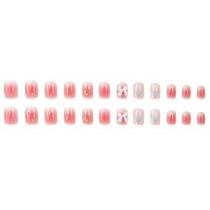 Pink gradient press-on nails with 3D bows, gold foil, and heart patterns, 24pc set