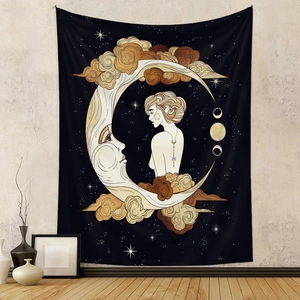 Detail of moon goddess wall tapestry with golden sun and crescent moon design