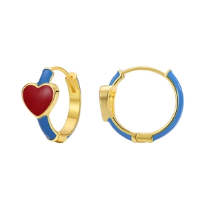 Korean style gold earrings with blue enamel hoop and a vibrant red heart pendant