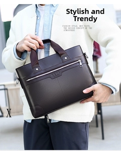 Detailed view of deep brown lychee grain leather briefcase held by a model