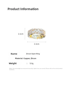Detailed dimensions showing 2.1cm size and 5.9g weight for the zircon open ring