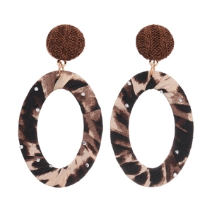 Leopard print fabric oval earrings with sparkling rhinestones and brown woven studs