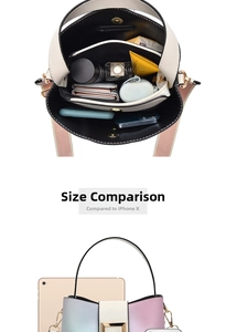 Detail view of large capacity interior of a gradient color bucket bag for women