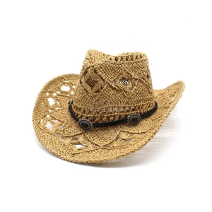 Retro hollow straw western cowboy hat with wide brim and vintage metal buckle detail