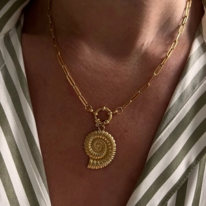 Detail of 18k gold plated nautilus shell pendant on a trendy paperclip chain necklace