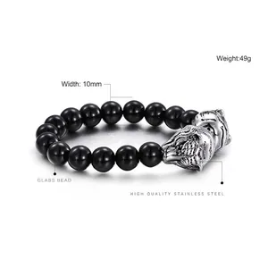 Men Beaded Bracelet Stainless Steel Animal Head Wolf Dragon Tiger Vintage Gothic Glass Beads Jewelry For Male