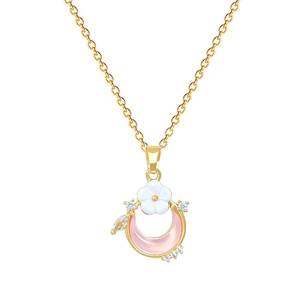 Elegant gold titanium necklace featuring a pink crescent moon and white flower pendant