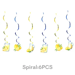 Lemon party spiral decorations with yellow blue swirls and drink illustration cards